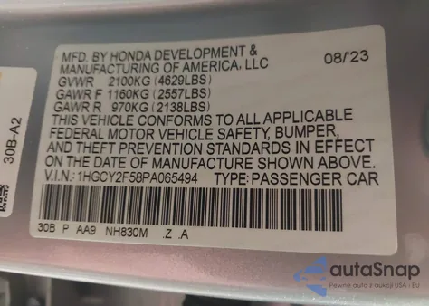2023 Honda Accord Hybrid Sport from USA, damaged, VIN 1HGCY2F58PA065494